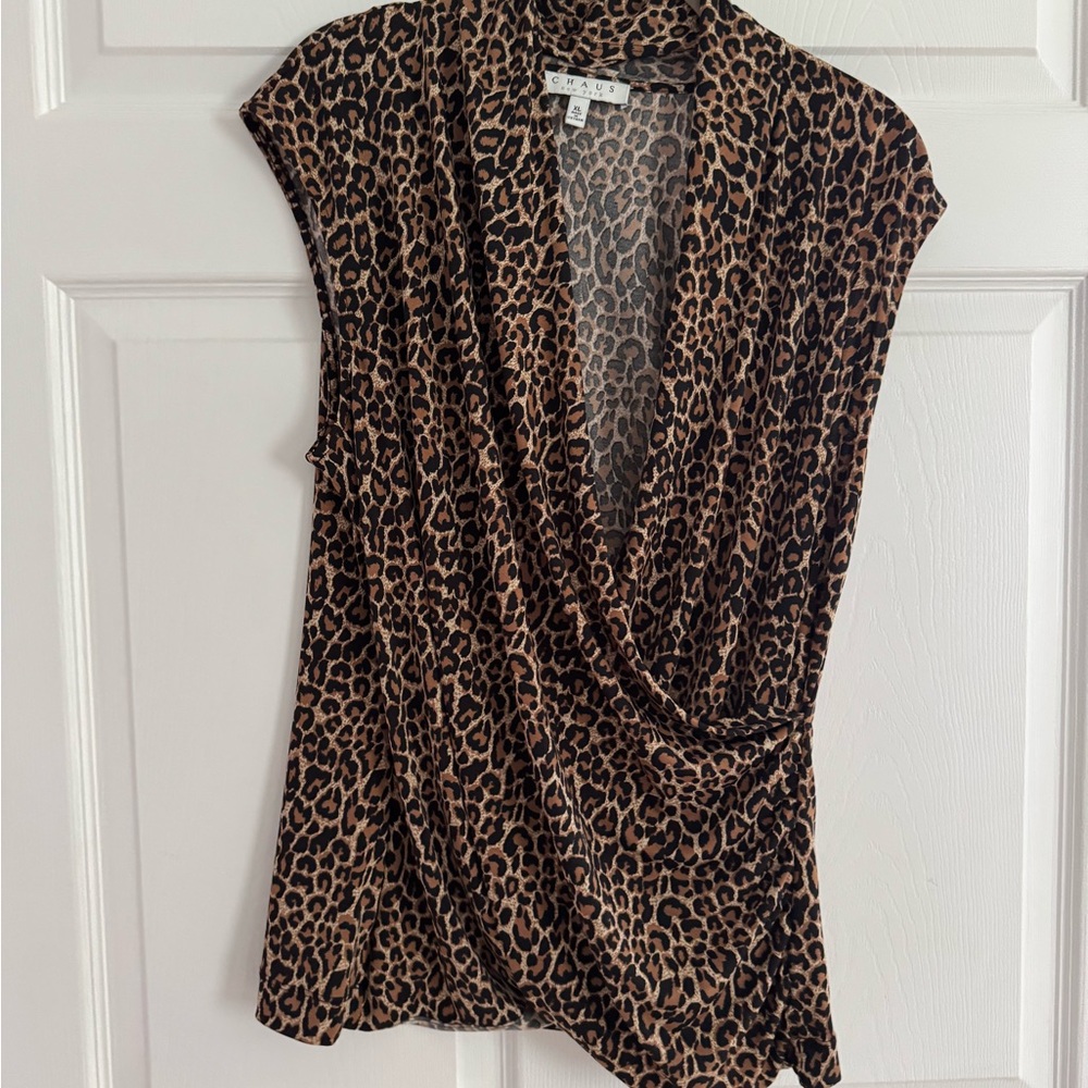 Chaus Brown and Black Wrap Blouse Cap Sleeve